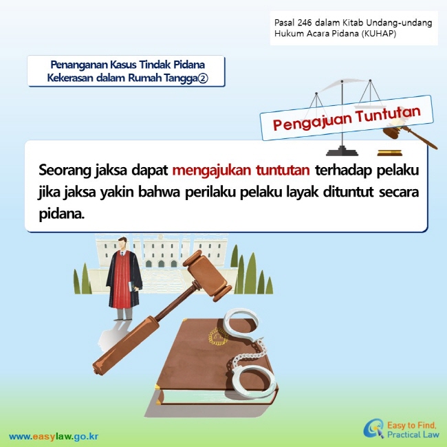 Pasal 246 dalam Kitab Undang-undang Hukum Acara Pidana (KUHAP) Penanganan Kasus Tindak Pidana Kekerasan dalam Rumah Tangga② Pengajuan Tuntutan Seorang jaksa dapat mengajukan tuntutan terhadap pelaku jika jaksa yakin bahwa perilaku pelaku layak dituntut secara pidana.